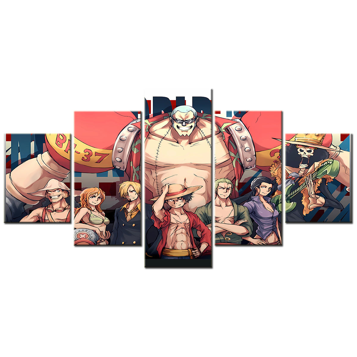 One Piece Canvas Wall Art - Luffy Zoro Sanji Straw Hat Crew 5 Piece Split Panel Anime Poster - Framed Ready to Hang Living Room & Man Cave Decor - OP5114