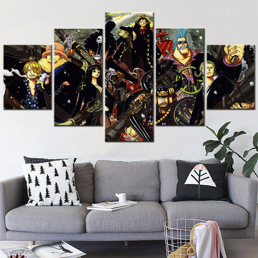 One Piece Canvas Wall Art - Luffy Zoro Sanji Straw Hat Crew 5 Piece Split Panel Anime Poster - Framed Ready to Hang Living Room & Man Cave Decor - OP5115