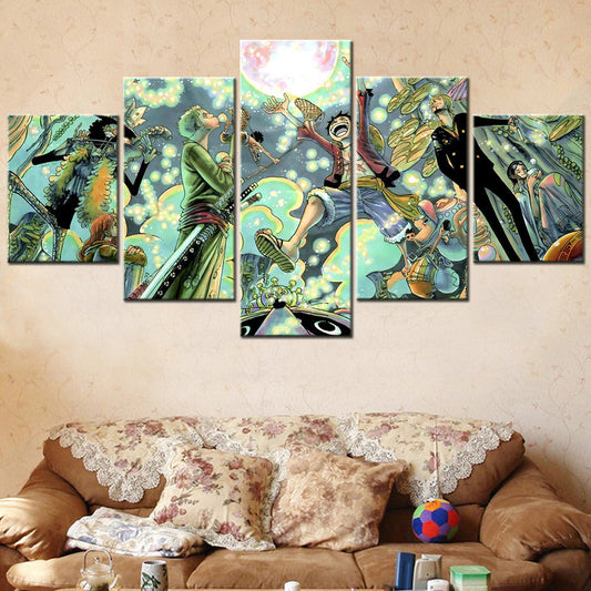 One Piece Canvas Wall Art - Luffy Zoro Sanji Straw Hat Crew 5 Piece Split Panel Anime Poster - Framed Ready to Hang Living Room & Man Cave Decor - OP5116