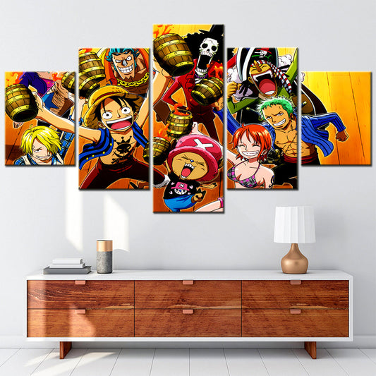 One Piece Canvas Wall Art - Luffy Zoro Sanji Straw Hat Crew 5 Piece Split Panel Anime Poster - Framed Ready to Hang Living Room & Man Cave Decor - OP5117