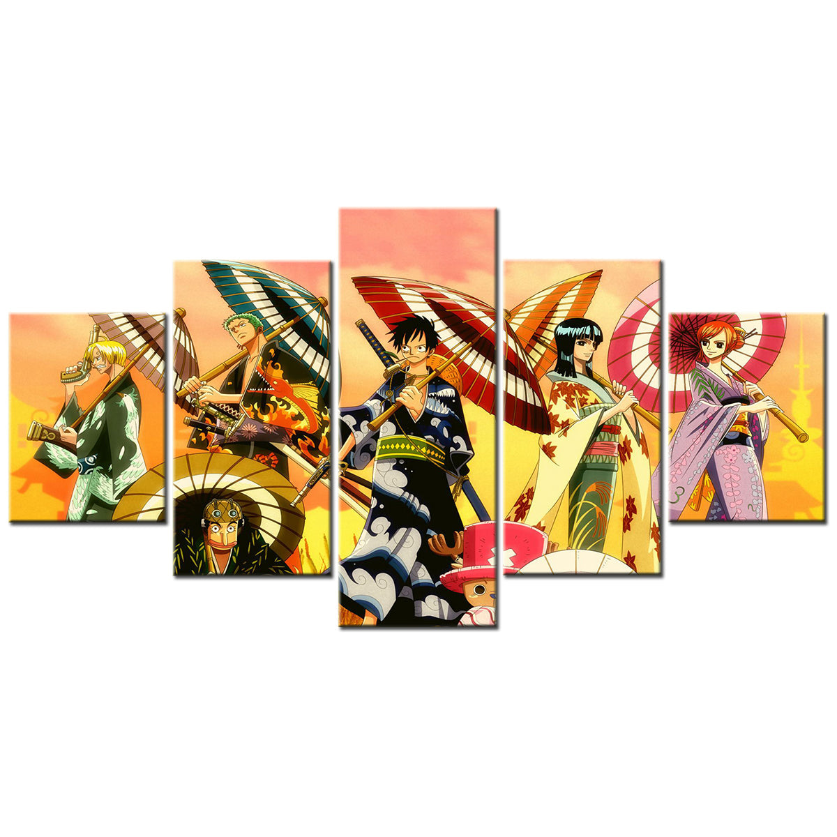 One Piece Canvas Wall Art - Luffy Zoro Sanji Straw Hat Crew 5 Piece Split Panel Anime Poster - Framed Ready to Hang Living Room & Man Cave Decor - OP5118