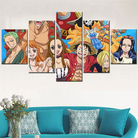 One Piece Canvas Wall Art - Luffy Zoro Sanji Straw Hat Crew 5 Piece Split Panel Anime Poster - Framed Ready to Hang Living Room & Man Cave Decor - OP5120