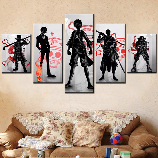 One Piece Canvas Wall Art - Luffy Ace Sabo Zoro Sanji 5 Piece Split Panel Anime Poster - Framed Ready to Hang Living Room & Man Cave Decor - OP5122