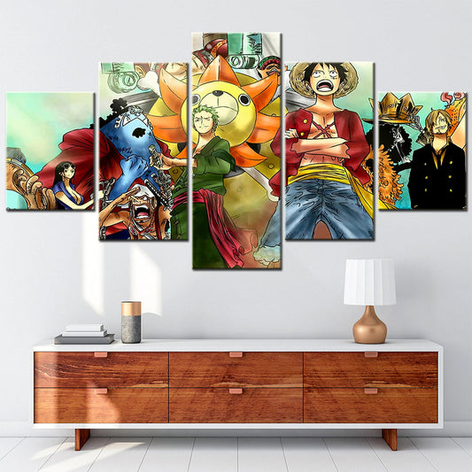 One Piece Canvas Wall Art - Luffy Zoro Sanji Straw Hat Crew 5 Piece Split Panel Anime Poster - Framed Ready to Hang Living Room & Man Cave Decor - OP5125