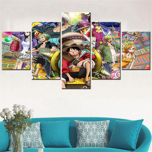 One Piece Canvas Wall Art - Luffy Zoro Sanji Straw Hat Crew 5 Piece Split Panel Anime Poster - Framed Ready to Hang Living Room & Man Cave Decor - OP5126