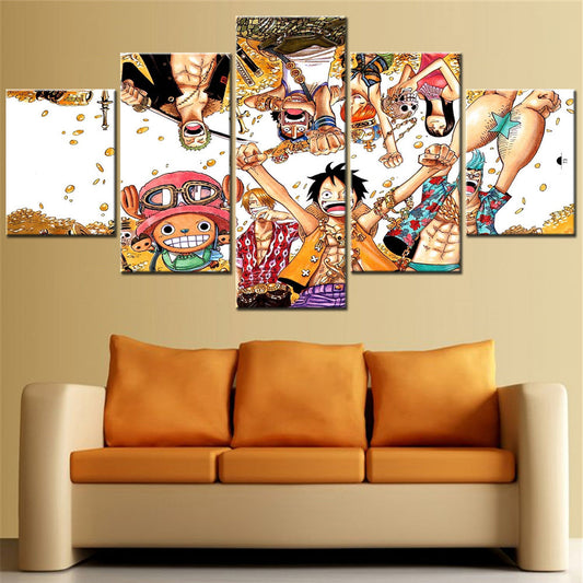 One Piece Canvas Wall Art - Luffy Zoro Sanji Straw Hat Crew 5 Piece Split Panel Anime Poster - Framed Ready to Hang Living Room & Man Cave Decor - OP5128