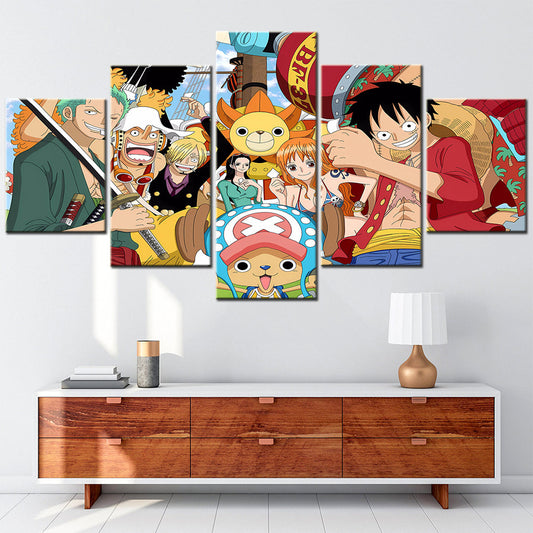 One Piece Canvas Wall Art - Luffy Zoro Sanji Straw Hat Crew 5 Piece Split Panel Anime Poster - Framed Ready to Hang Living Room & Man Cave Decor - OP5129