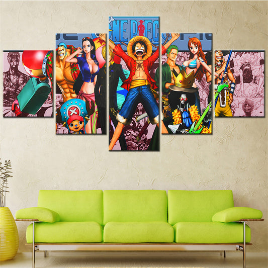One Piece Canvas Wall Art - Luffy Zoro Sanji Straw Hat Crew 5 Piece Split Panel Anime Poster - Framed Ready to Hang Living Room & Man Cave Decor - OP5130