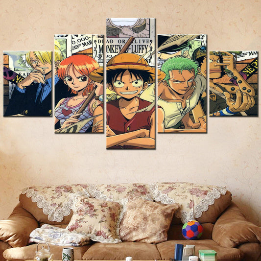 One Piece Canvas Wall Art - Luffy Zoro Sanji Straw Hat Crew 5 Piece Split Panel Anime Poster - Framed Ready to Hang Living Room & Man Cave Decor - OP5131