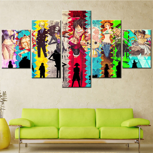 One Piece Canvas Wall Art - Luffy Zoro Sanji Straw Hat Crew 5 Piece Split Panel Anime Poster - Framed Ready to Hang Living Room & Man Cave Decor - OP5140