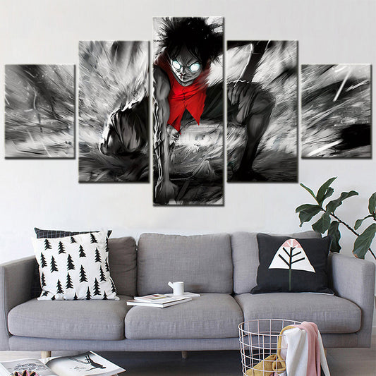 One Piece Canvas Wall Art - Gear Fourth Luffy Unleashed 5 Piece Split Panel Anime Poster - Framed Ready to Hang Living Room & Man Cave Decor - OP5152