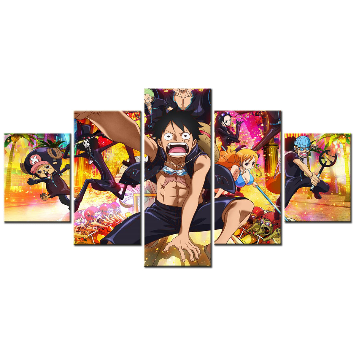 One Piece Canvas Wall Art - Monkey D. Luffy 5 Piece Split Panel Anime Poster - Framed Ready to Hang Living Room & Man Cave Decor - OP5153