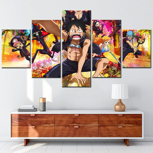 One Piece Canvas Wall Art - Monkey D. Luffy 5 Piece Split Panel Anime Poster - Framed Ready to Hang Living Room & Man Cave Decor - OP5153