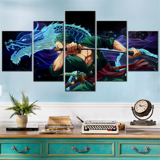 One Piece Canvas Wall Art - Roronoa Zoro Three Sword Style 5 Piece Split Panel Anime Poster - Framed Ready to Hang Living Room & Man Cave Decor - OP5163