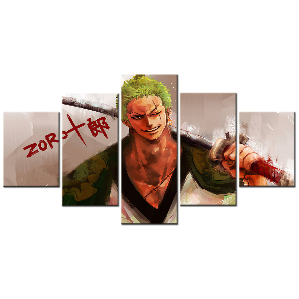 One Piece Canvas Wall Art - Roronoa Zoro Three Sword Style 5 Piece Split Panel Anime Poster - Framed Ready to Hang Living Room & Man Cave Decor - OP5164