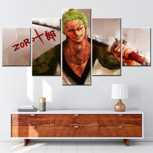 One Piece Canvas Wall Art - Roronoa Zoro Three Sword Style 5 Piece Split Panel Anime Poster - Framed Ready to Hang Living Room & Man Cave Decor - OP5164
