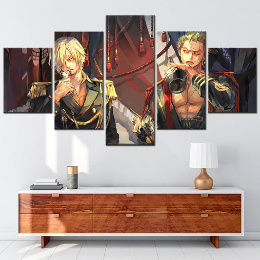 One Piece Canvas Wall Art - Roronoa Zoro Three Sword Style & Sanji 5 Piece Split Panel Anime Poster - Framed Ready to Hang Living Room & Man Cave Decor - OP5165