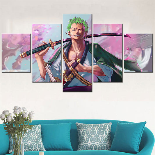 One Piece Canvas Wall Art - Roronoa Zoro Three Sword Style 5 Piece Split Panel Anime Poster - Framed Ready to Hang Living Room & Man Cave Decor - OP5166