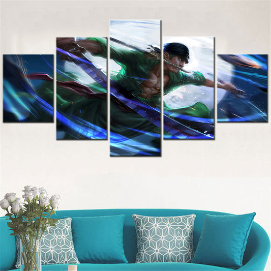 One Piece Canvas Wall Art - Roronoa Zoro Three Sword Style 5 Piece Split Panel Anime Poster - Framed Ready to Hang Living Room & Man Cave Decor - OP5167
