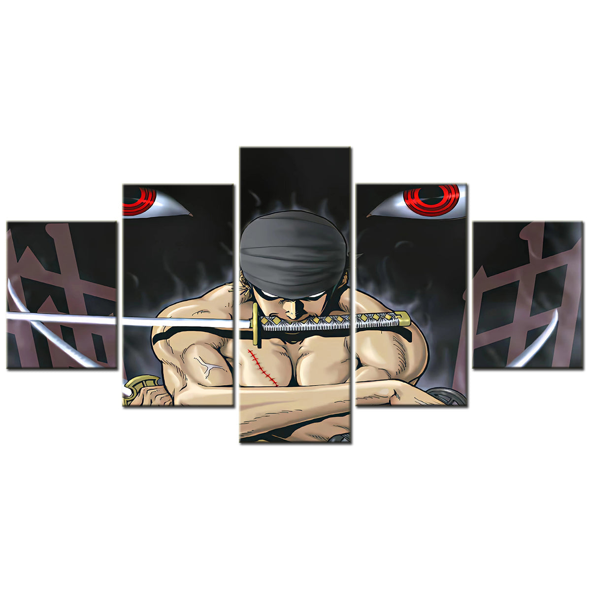 One Piece Canvas Wall Art - Roronoa Zoro Three Sword Style 5 Piece Split Panel Anime Poster - Framed Ready to Hang Living Room & Man Cave Decor - OP5168
