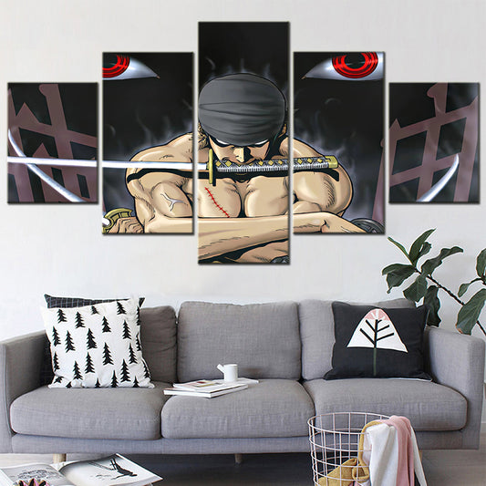 One Piece Canvas Wall Art - Roronoa Zoro Three Sword Style 5 Piece Split Panel Anime Poster - Framed Ready to Hang Living Room & Man Cave Decor - OP5168