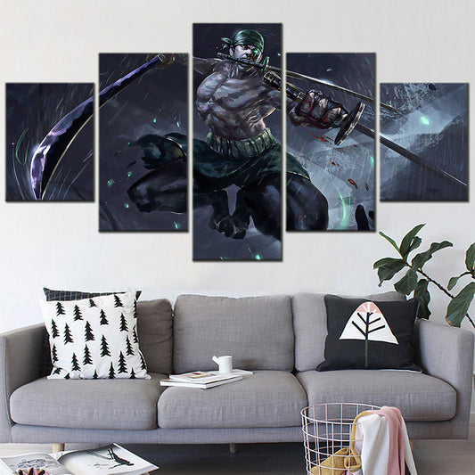 One Piece Canvas Wall Art - Roronoa Zoro Three Sword Style 5 Piece Split Panel Anime Poster - Framed Ready to Hang Living Room & Man Cave Decor - OP5169