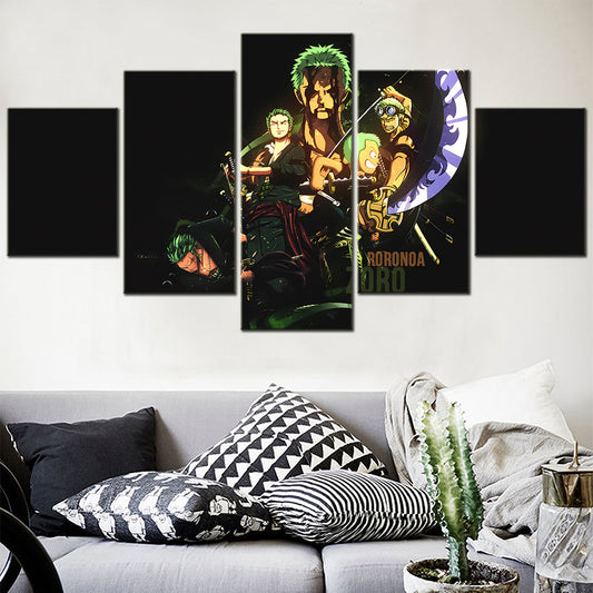 One Piece Canvas Wall Art - Roronoa Zoro Three Sword Style 5 Piece Split Panel Anime Poster - Framed Ready to Hang Living Room & Man Cave Decor - OP5170