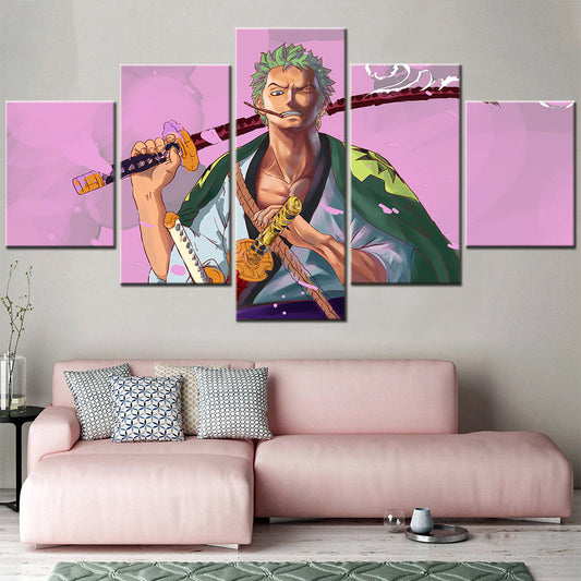 One Piece Canvas Wall Art - Roronoa Zoro Three Sword Style 5 Piece Split Panel Anime Poster - Framed Ready to Hang Living Room & Man Cave Decor - OP5171