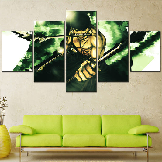 One Piece Canvas Wall Art - Roronoa Zoro Three Sword Style 5 Piece Split Panel Anime Poster - Framed Ready to Hang Living Room & Man Cave Decor - OP5174