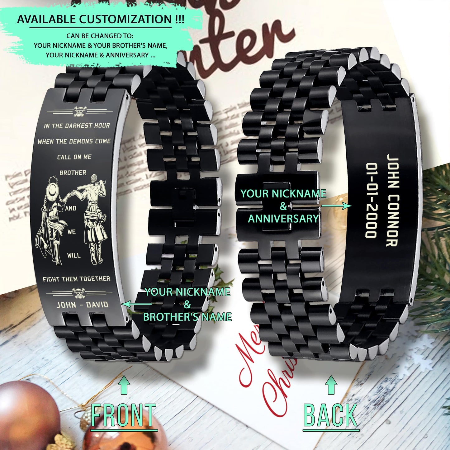 OPB004 - Call On me Brother - Monkey D. Luffy - Roronoa Zoro - One Piece Bracelet - Engrave Black Bracelet