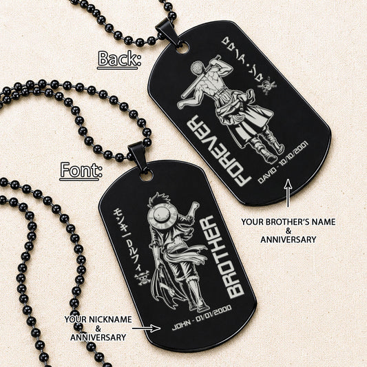 One Piece Engraved Dog Tag Necklace - OPD006 - Monkey D. Luffy - Roronoa Zoro - Brother Forever - Military Ball Chain