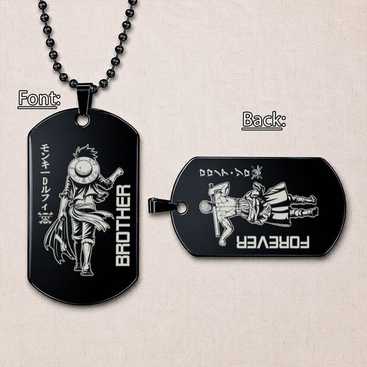Personalized One Piece Luffy & Zoro Brother Dog Tag Necklace - "Brother Forever" Engraved Stainless Steel Military Pendant Gift for Men