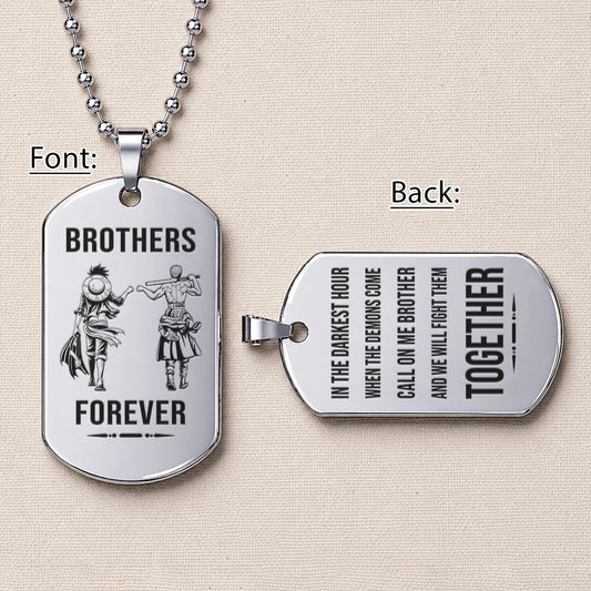 Personalized One Piece Luffy & Zoro Brother Dog Tag Necklace - "Brothers Forever" Engraved Stainless Steel Military Pendant Gift for Men