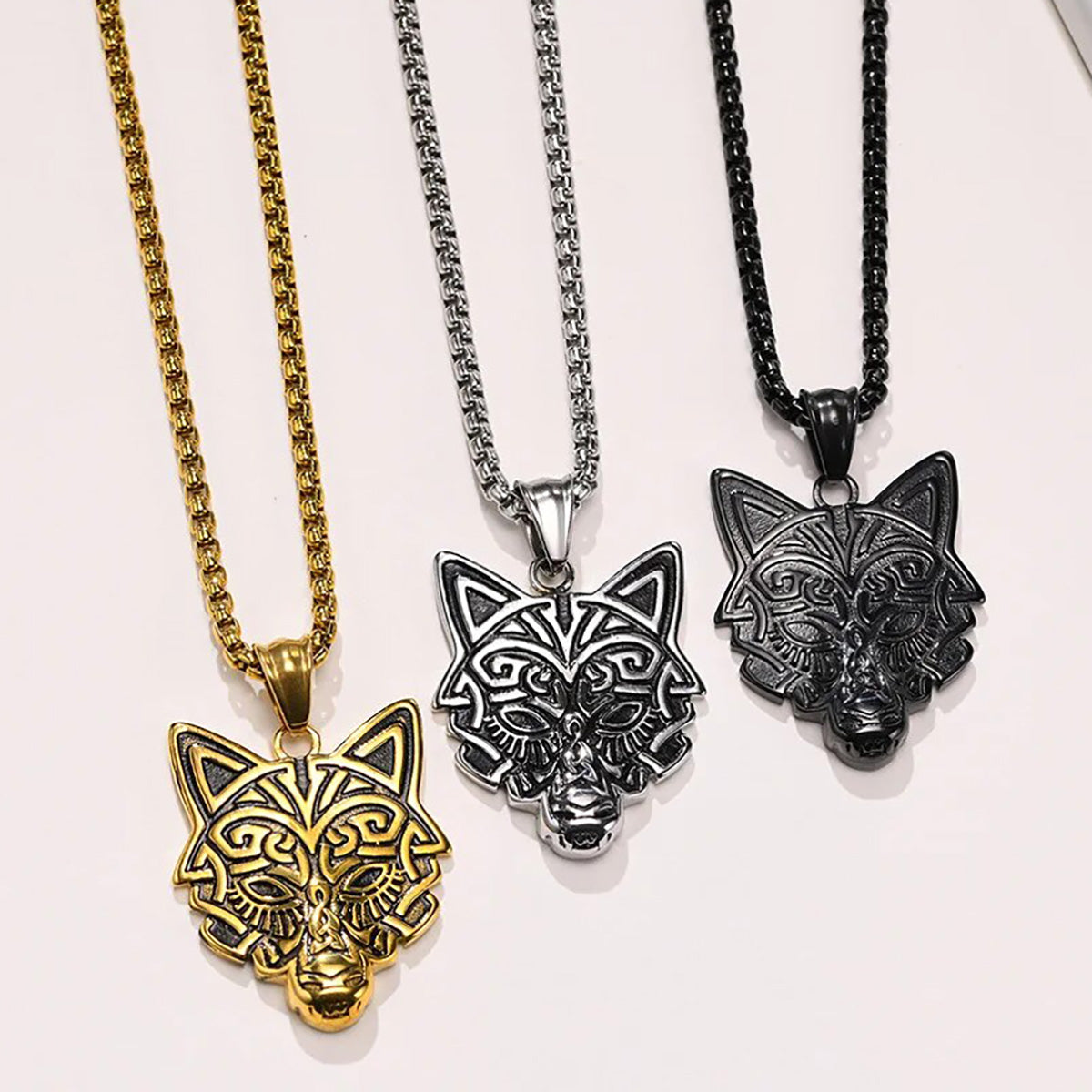 Viking - Rock Punk Wolf Head Necklaces for Men, Solid Stainless Steel Material Viking Animal Style Pendant