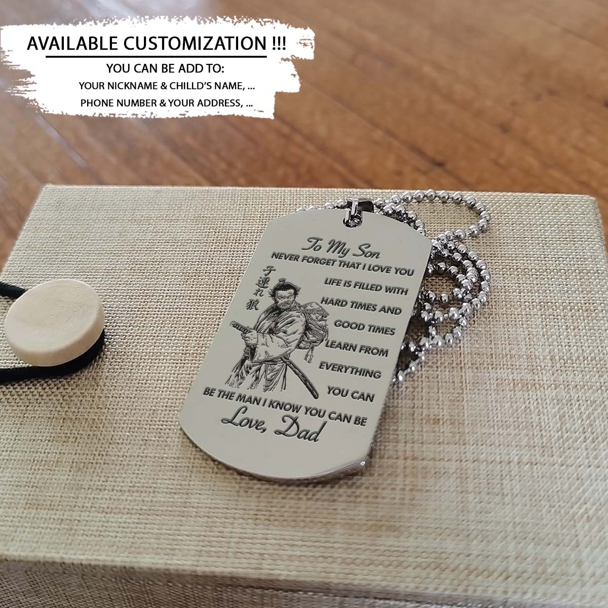Samurai Dog Tag - Dad To Son - Never Forget That I Love You - Bushido - Katana - Ronin - Miyamoto Musashi - Samurai Necklace - Engrave Dog Tag