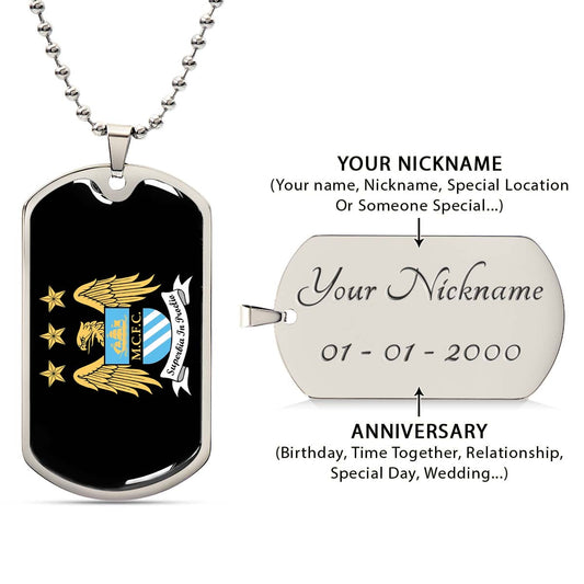 Soccer Dog Tag Necklace - SCD038 - Manchester City - Superbia In Proelio - Military Ball Chain