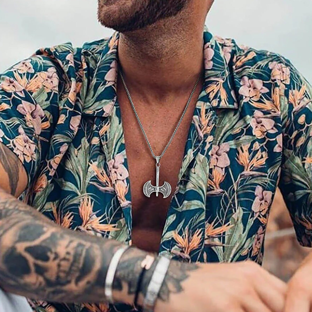 Viking - Gothic Viking Men Axe Necklace, Retro Nordic Almut Stainless Steel Pendant, Chunky Punk Boy Neck Collar