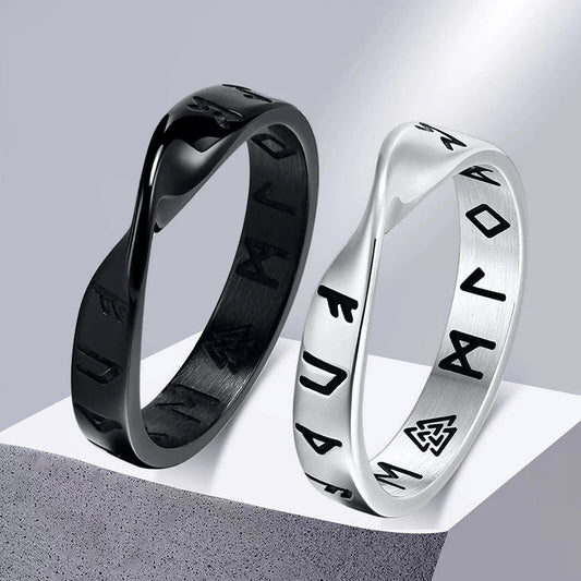 Viking Rings for Men, 4mm Twisted Mobius Finger Band with Viking Runes, Nordic Norse Almut Jewelry
