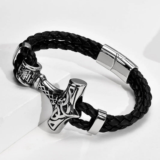 Viking - Chunky Thor's Hammer Bracelets for Men, Heavy Punk Rock Norse Viking Knot Bangle, Black Genuine Leather Wristband