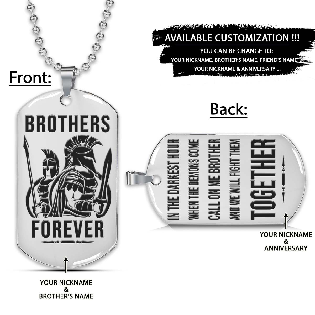 Spartan Dog Tag - Brothers Forever - Call On Me Brother - Spartan Warrior - Sparta - Leonidas - Gladiator - Spartan Necklace - Engrave Dog Tag