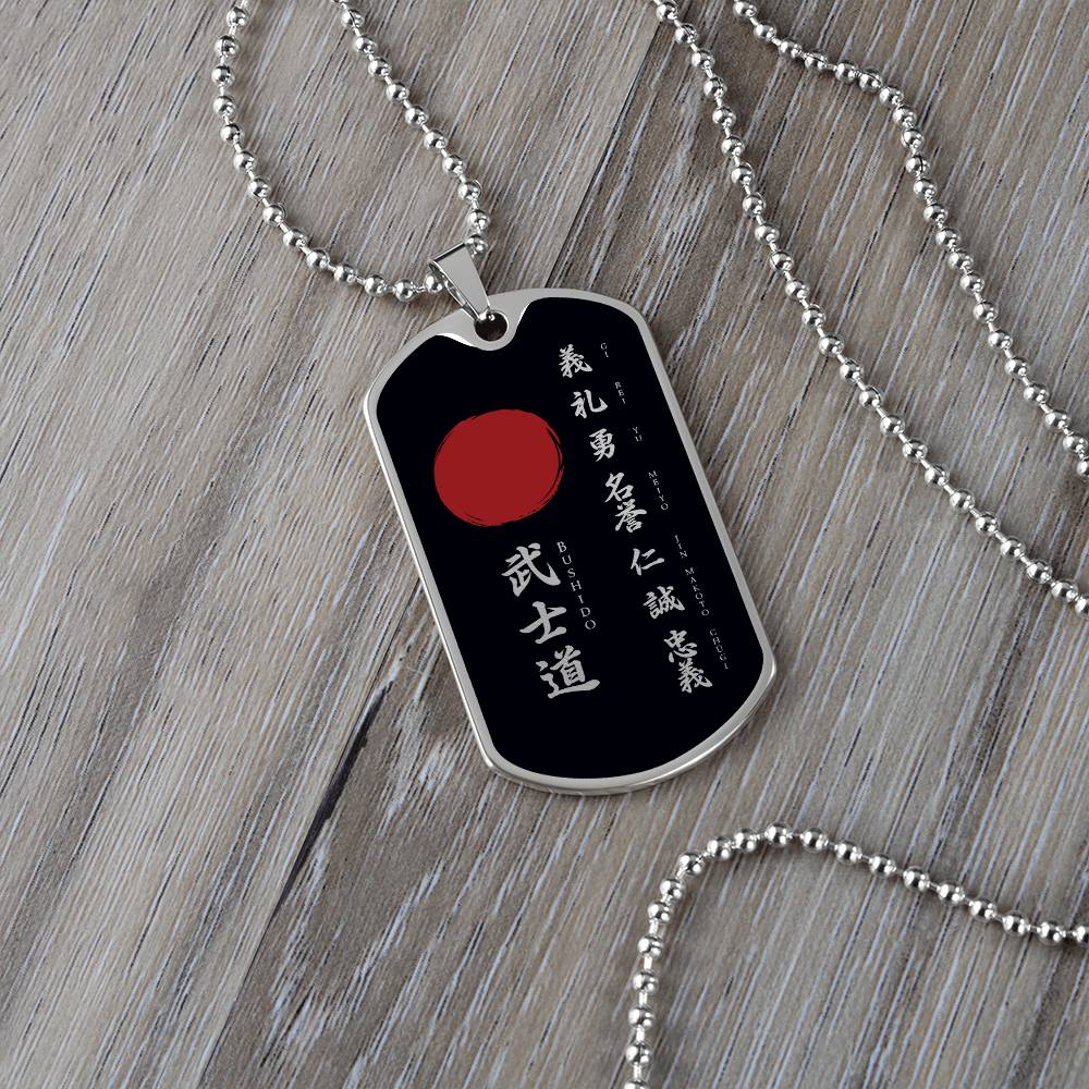 Samurai - The Seven Virtures Of Bushido - Bushido - Katana - Ronin - Black Dog Tag - Samurai Dog Tag - Military Ball Chain - Luxury Dog Tag