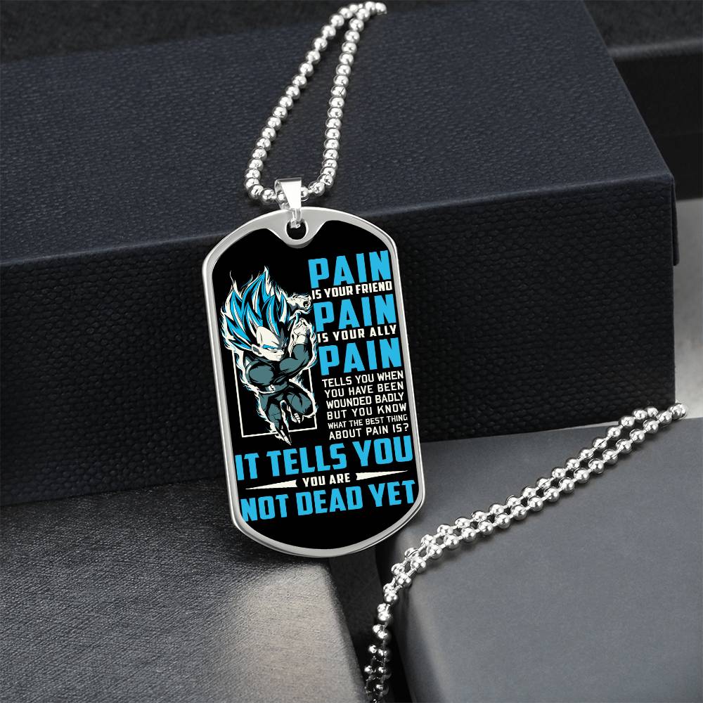 Dragon Ball - PAIN - You Are Not Dead Yet - Vegeta - Supper Saiyan Blue - Black Dog Tag - Dragon Ball Dog Tag - Military Ball Chain - Luxury Dog Tag