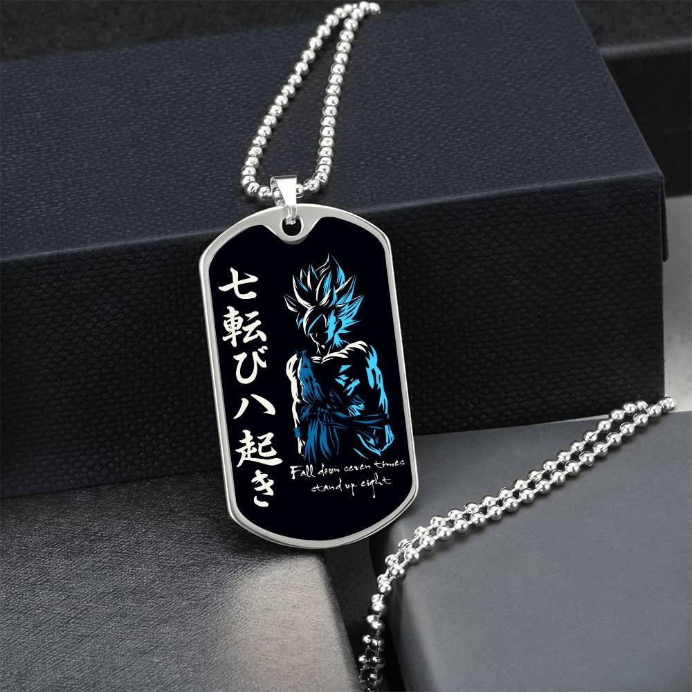 Dragon Ball - Fall Down Seven Times Stand Up Eight - Goku - Supper Saiyan Blue - Black Dog Tag - Dragon Ball Dog Tag - Military Ball Chain - Luxury Dog Tag