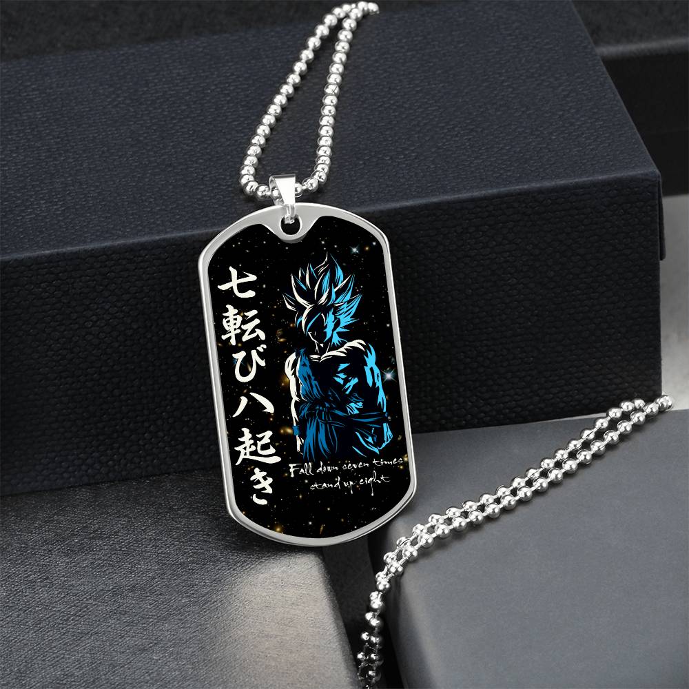Dragon Ball - Fall Down Seven Times Stand Up Eight - Goku - Supper Saiyan Blue - Galaxy - Black Dog Tag - Dragon Ball Dog Tag - Military Ball Chain - Luxury Dog Tag