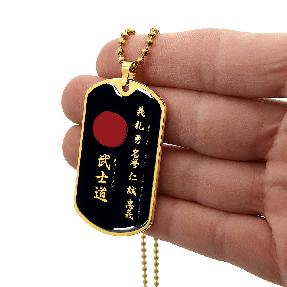 Samurai - The Seven Virtures Of Bushido - Bushido - Katana - Ronin - Black Dog Tag - Samurai Dog Tag - Military Ball Chain - Luxury Dog Tag