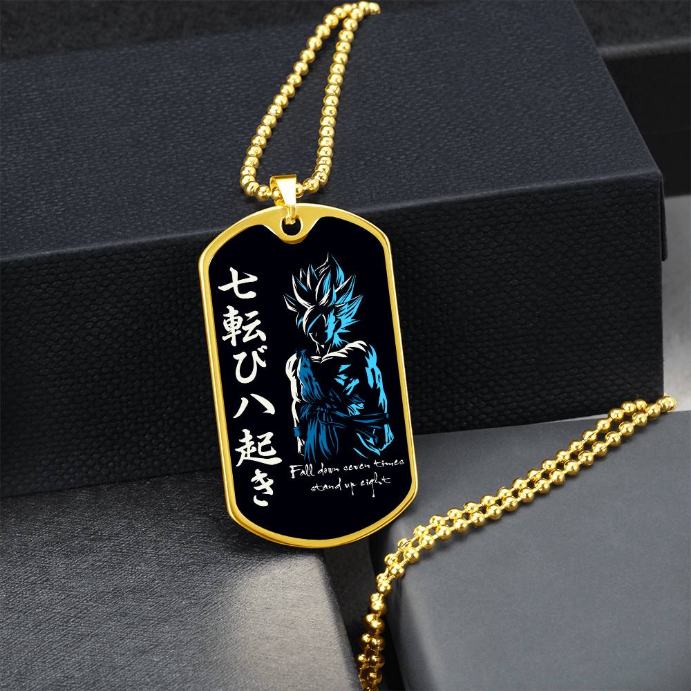 Dragon Ball - Fall Down Seven Times Stand Up Eight - Goku - Supper Saiyan Blue - Black Dog Tag - Dragon Ball Dog Tag - Military Ball Chain - Luxury Dog Tag