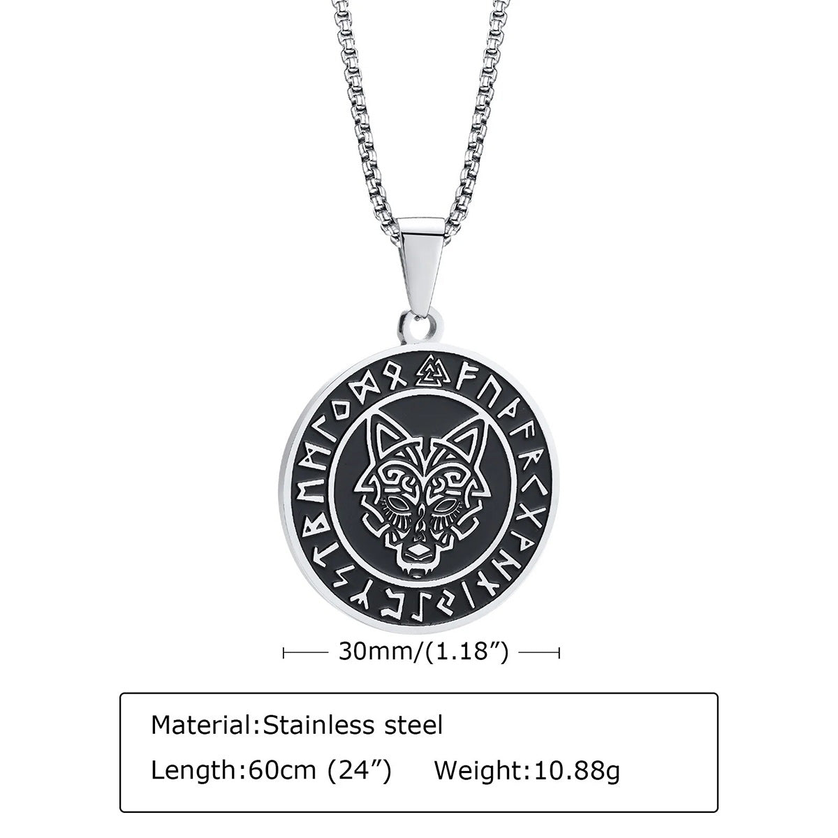 Viking - Men Viking Wolf Necklace, Stainless Steel Viking Compass Rune Almut Animal Pendant with Box Chain, Punk Rock Boy Collar