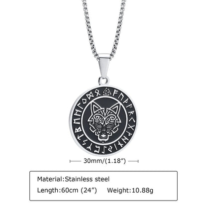 Viking - Men Viking Wolf Necklace, Stainless Steel Viking Compass Rune Almut Animal Pendant with Box Chain, Punk Rock Boy Collar