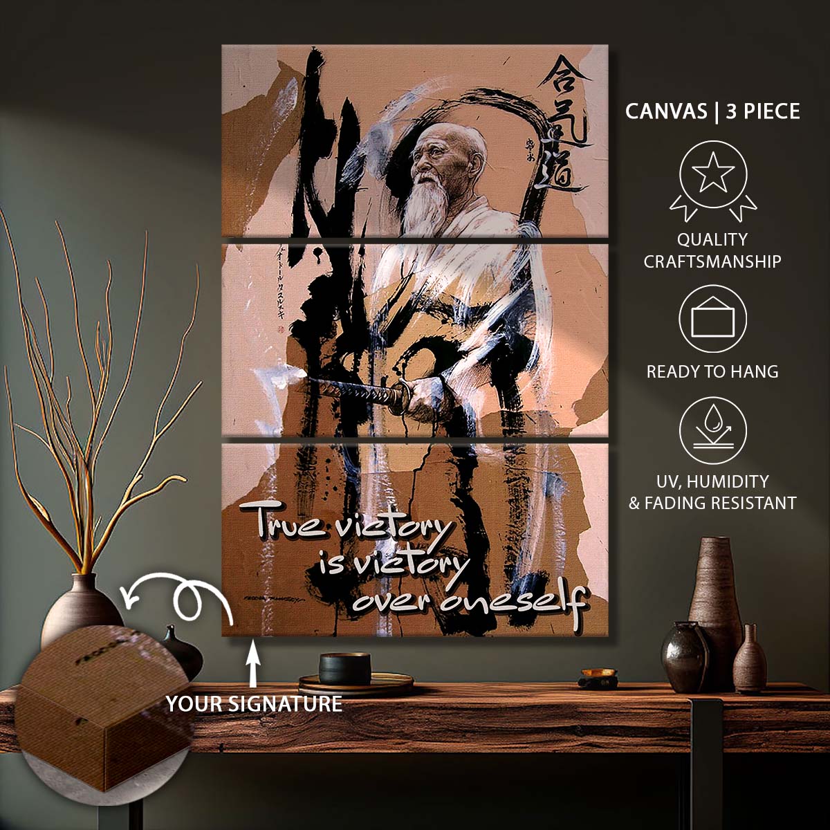 Aikido - 3 Piece Wall Art - AI033 - True Victory Is Victory Over Oneself - Morihei Ueshiba - Aikido Canvas