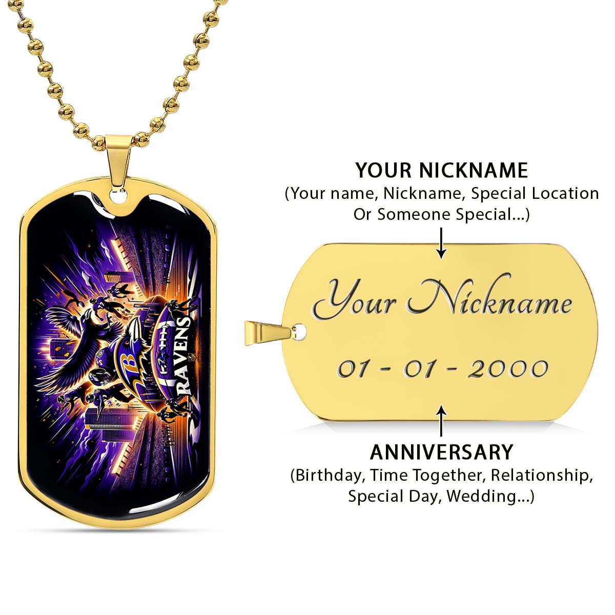 American Football Dog Tag Necklace - AFD001 - Baltimore Ravens - Super Bowl Spirit - NFL Teams - Military Ball Chain